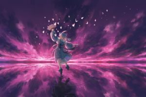 water, Video, Games, Clouds, Touhou, Dress, Socks, Pink, Hair, Short, Hair, Bows, Pink, Eyes, Veil, Saigyouji, Yuyuko, Blue, Dress, Skyscapes, Reflections, Hats, Japanese, Clothes, Anime, Girls, Spread, Arms, Lo