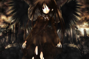 brunettes, Angels, Wings, Black, Red, Eyes, Tights, Anime, Anime, Girls
