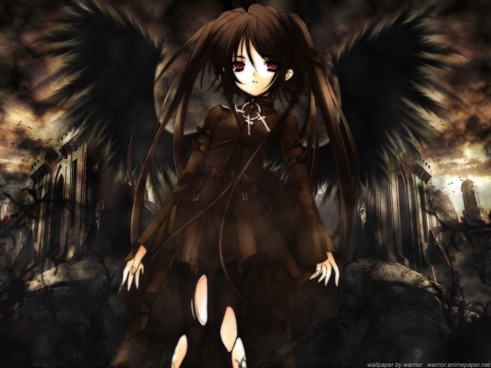 brunettes, Angels, Wings, Black, Red, Eyes, Tights, Anime, Anime, Girls Wallpaper