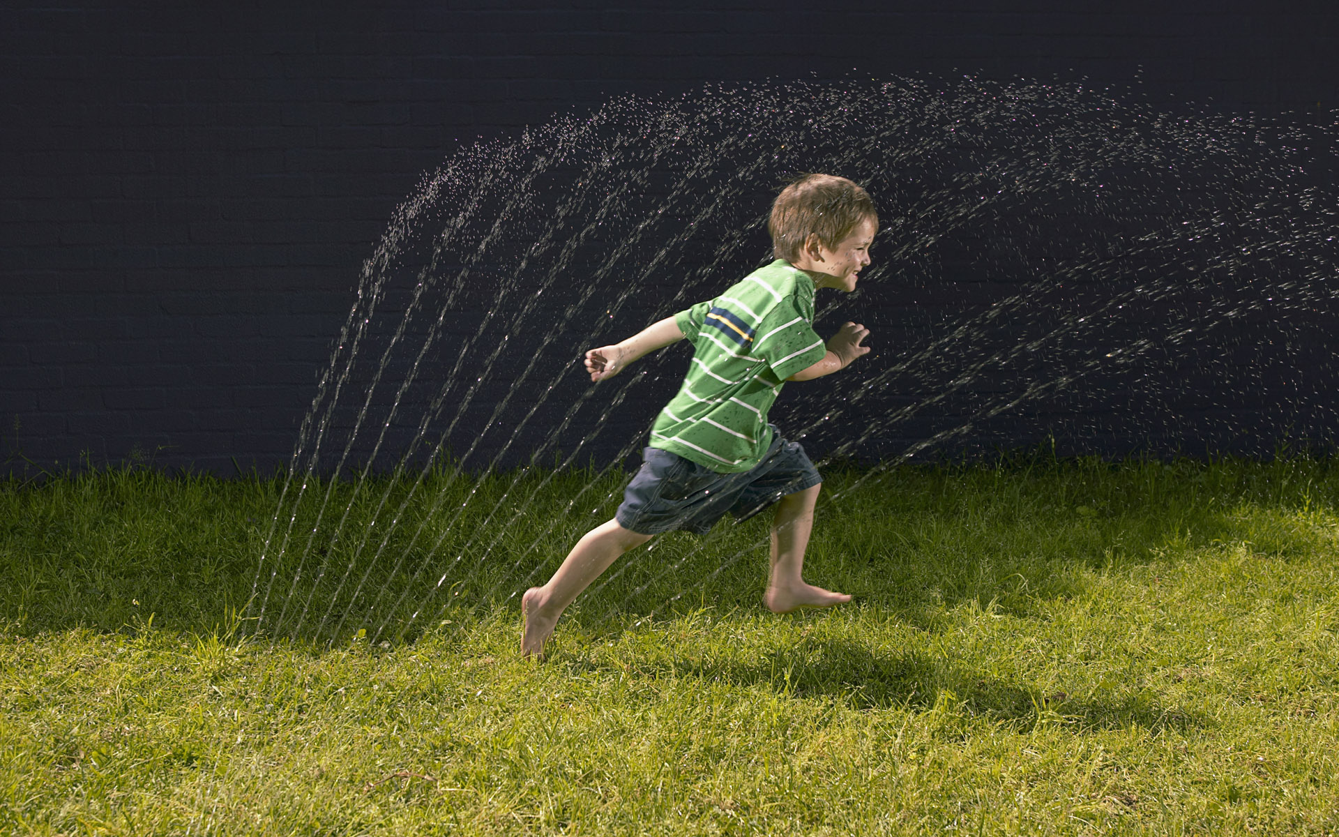 boy, Grass, Running, Water, Spray Wallpaper