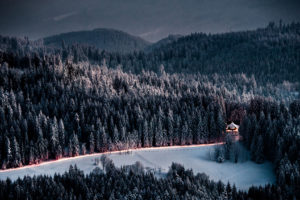 evening, Winter, House, Road, Forest, Mountains
