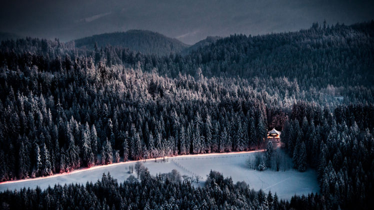 evening, Winter, House, Road, Forest, Mountains HD Wallpaper Desktop Background