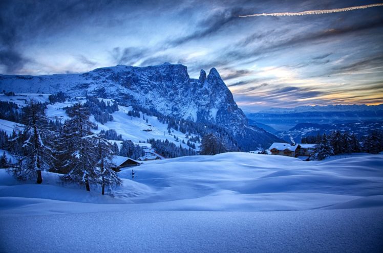 houses, Snow, Trees, Mountains, Winter HD Wallpaper Desktop Background