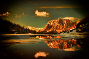 mountains, Forest, Snow, Water, Lake, Reflection