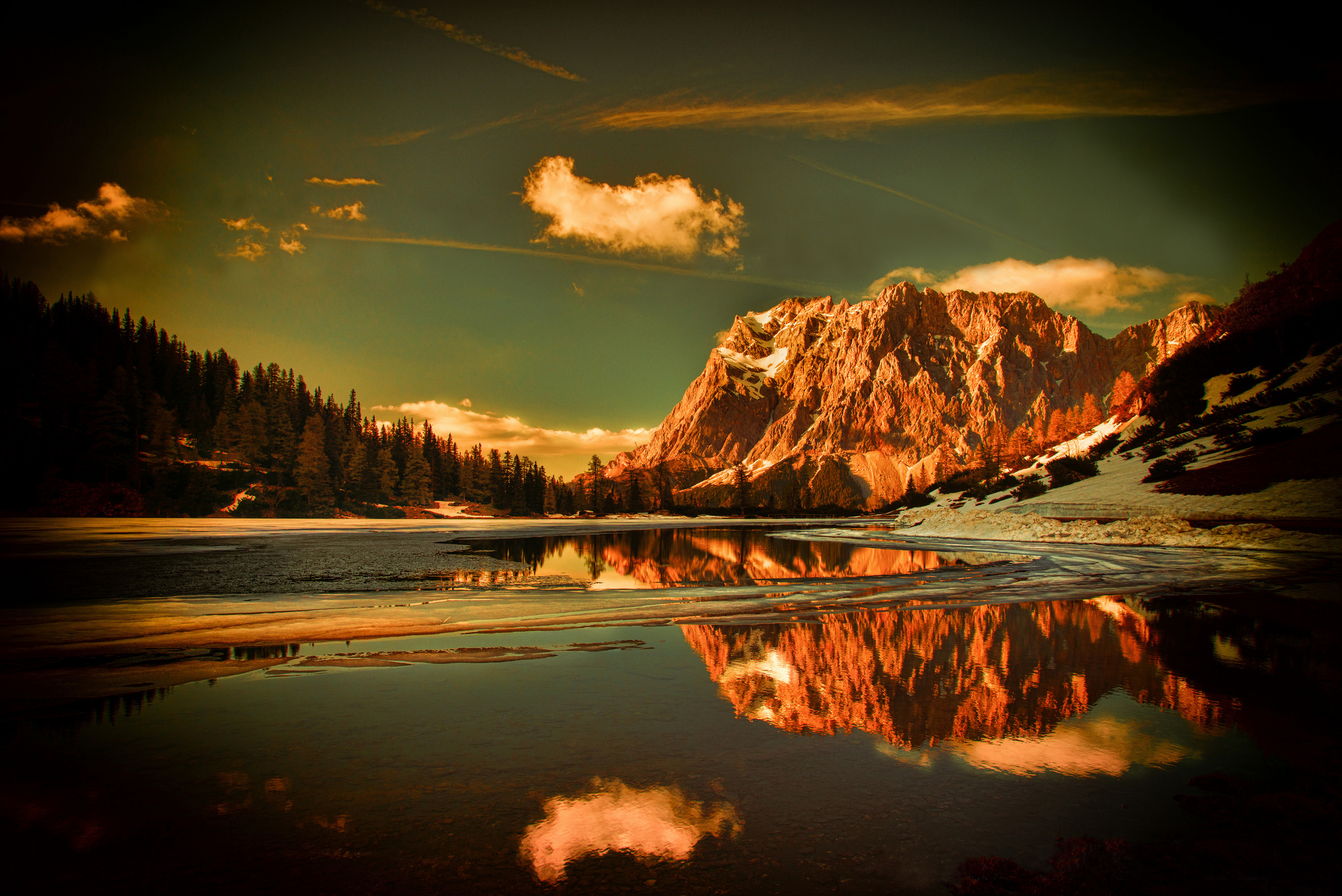 mountains, Forest, Snow, Water, Lake, Reflection Wallpaper