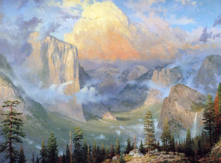 mountains, Yosemite, Valley, Artists, Point, Nature, Painting, Wood, Thomas, Kinkade HD Wallpaper Desktop Background