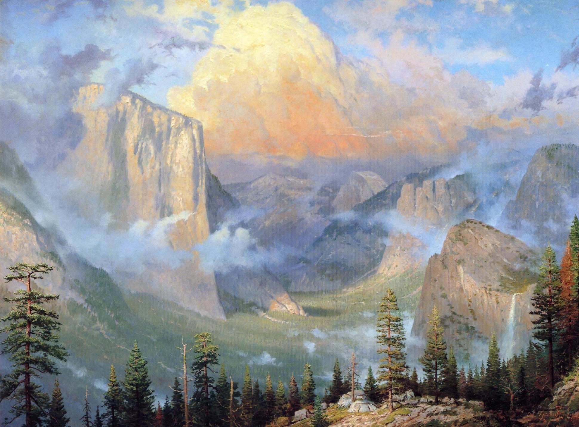 mountains, Yosemite, Valley, Artists, Point, Nature, Painting, Wood, Thomas, Kinkade Wallpaper