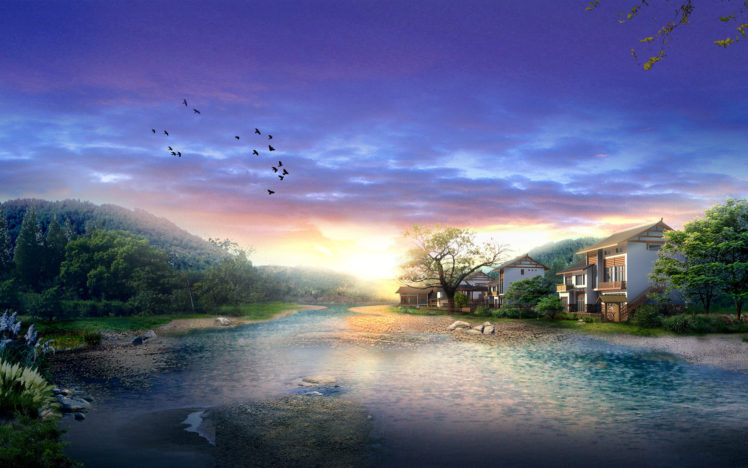 river, House, Art, Forest, Birds HD Wallpaper Desktop Background