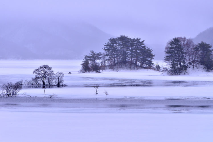 trees, Mountains, Islands, Lake, Snow HD Wallpaper Desktop Background
