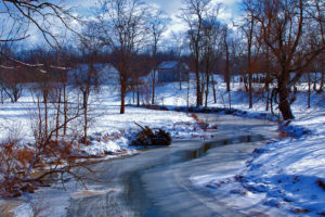 winter, River, Trees, House, Landscape