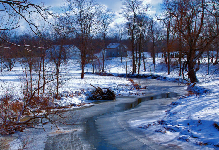 winter, River, Trees, House, Landscape HD Wallpaper Desktop Background