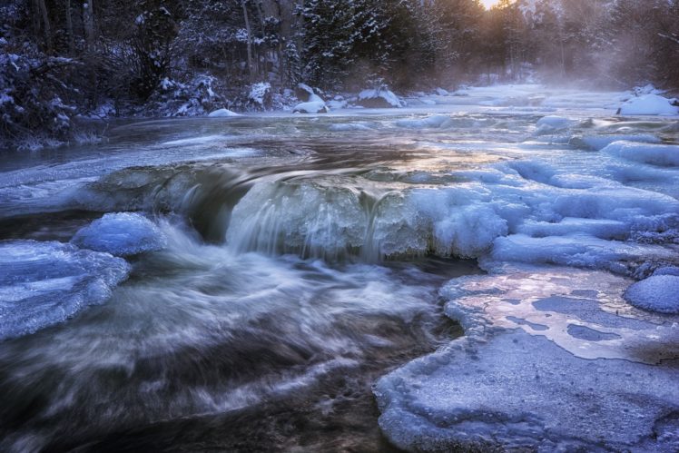 winter, Snow, Ice, River, Stream, Water, Stream, Cold, Forest HD Wallpaper Desktop Background