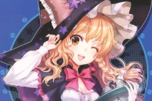 blondes, Video, Games, Touhou, Dress, Stars, Cleavage, Long, Hair, Yellow, Eyes, Kirisame, Marisa, Smiling, Bows, Open, Mouth, Capes, Braids, Flying, Saucer, Wink, Soft, Shading, Hats, Simple, Background, Anime,