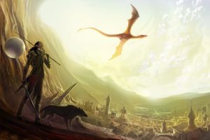 wings, Cityscapes, Dragons, Flying, Weapons, Fantasy, Art, Armor, Artwork, Warriors, Long, Ears