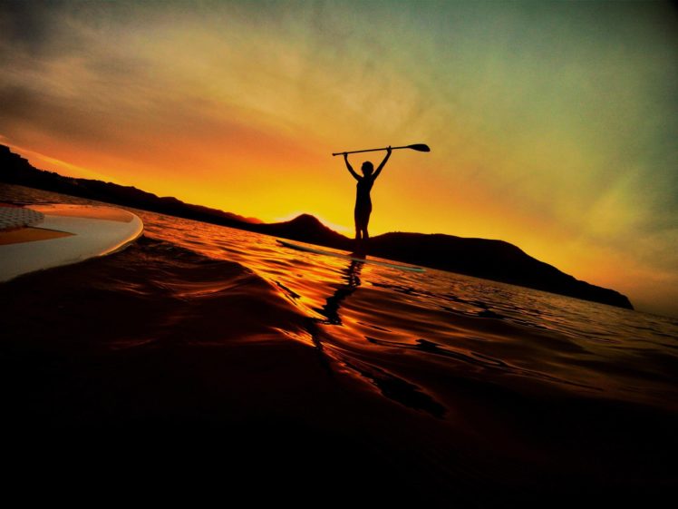 sunset, Ocean, Waves, Paddleboarding, Board, Stand, Up, Paddleboarding HD Wallpaper Desktop Background