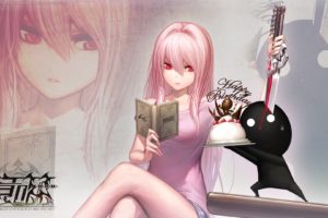 women, Text, Blood, Food, Reading, Long, Hair, Weapons, Books, Pink, Hair, Red, Eyes, Sitting, Knives, Shorts, Soft, Shading, Legs, Crossed, Anime, Girls, Nail, Polish, Bangs, Off, The, Shoulder, Cakes, Sweat, B