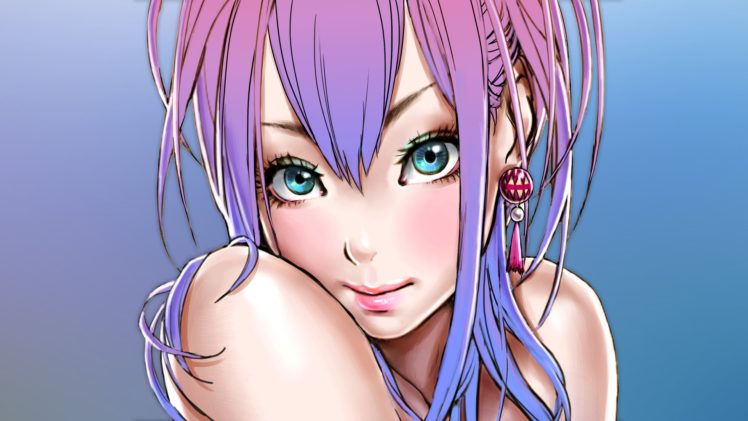blue, Eyes, Yamashita, Shunya, Pink, Hair, Smiling, Blush, Earrings, Drawn, Simple, Background, Anime, Girls, Faces HD Wallpaper Desktop Background