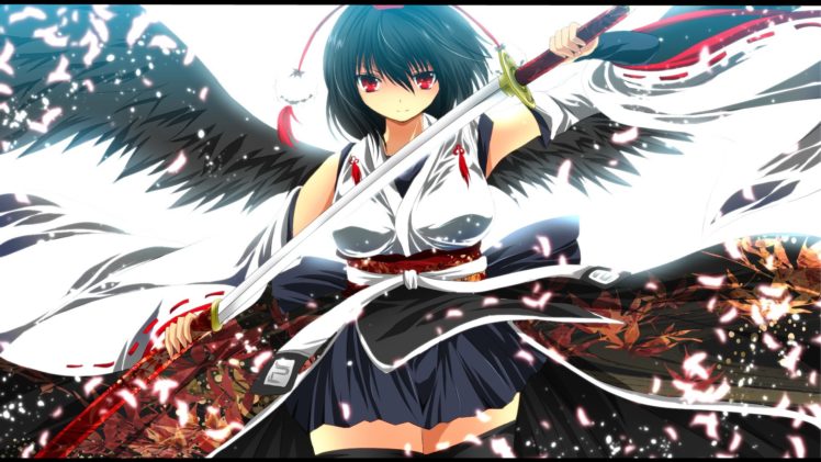 video, Games, Touhou, Wings, Stockings, Katana, Skirts, Weapons, Red, Eyes, Short, Hair, Thigh, Highs, Shameimaru, Aya, Flower, Petals, Hats, Japanese, Clothes, Simple, Background, Anime, Girls, Tengu, Detached, HD Wallpaper Desktop Background