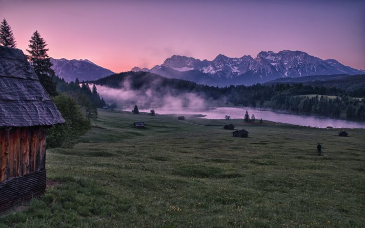 mountains, Landscapes, Trees, Valleys, Fog, Mist, Cabin, Rivers HD Wallpaper Desktop Background