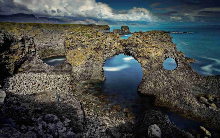 clouds, Coast, Music, Rocks, Stones, Hole, Arch, Sea HD Wallpaper Desktop Background