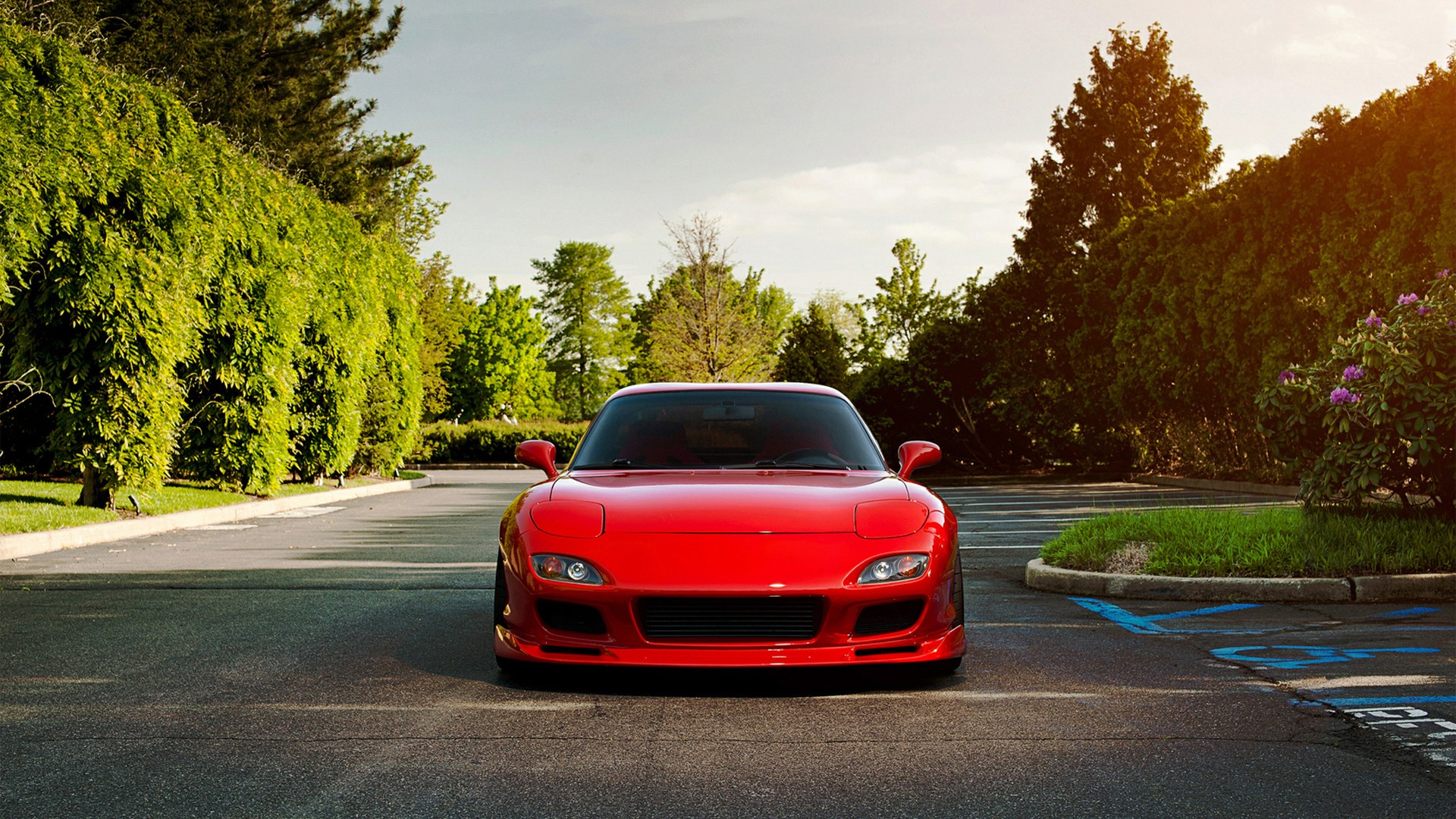 trees, Cars, Japanese, Mazda, Rx 7, Red, Cars, Parking, Lot, Front, View Wallpaper