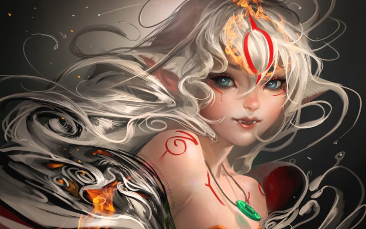 women, Okami, Fantasy, Art, Artwork, White, Hair, Amaterasu, Sakimichan HD Wallpaper Desktop Background