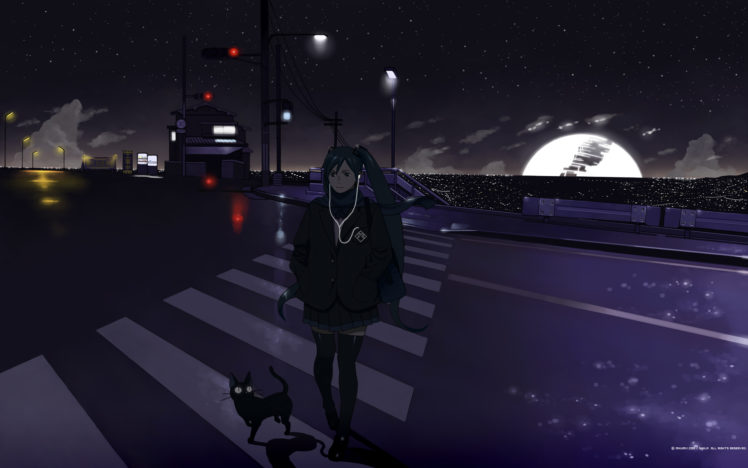 vocaloid, Night, Hatsune, Miku, Cats, Moon HD Wallpaper Desktop Background