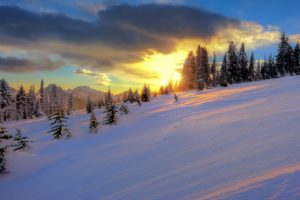 sunset, Landscapes, Snow, Trees, Hills