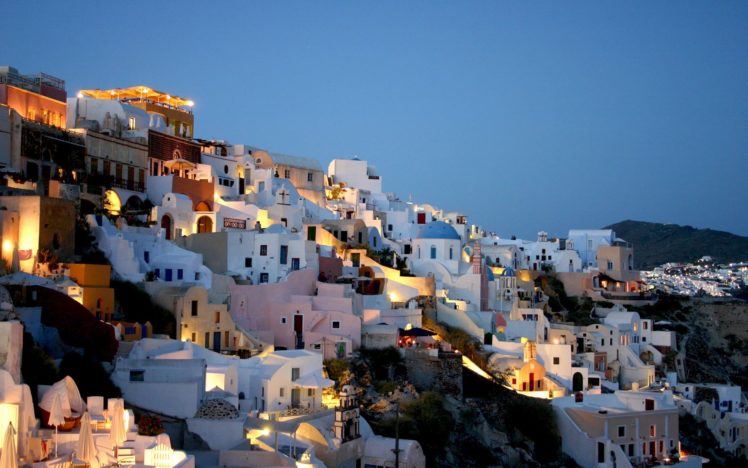 light, Landscapes, Cityscapes, Streets, Houses, Hills, Lamps, Greece, Evening, Blue, Skies HD Wallpaper Desktop Background
