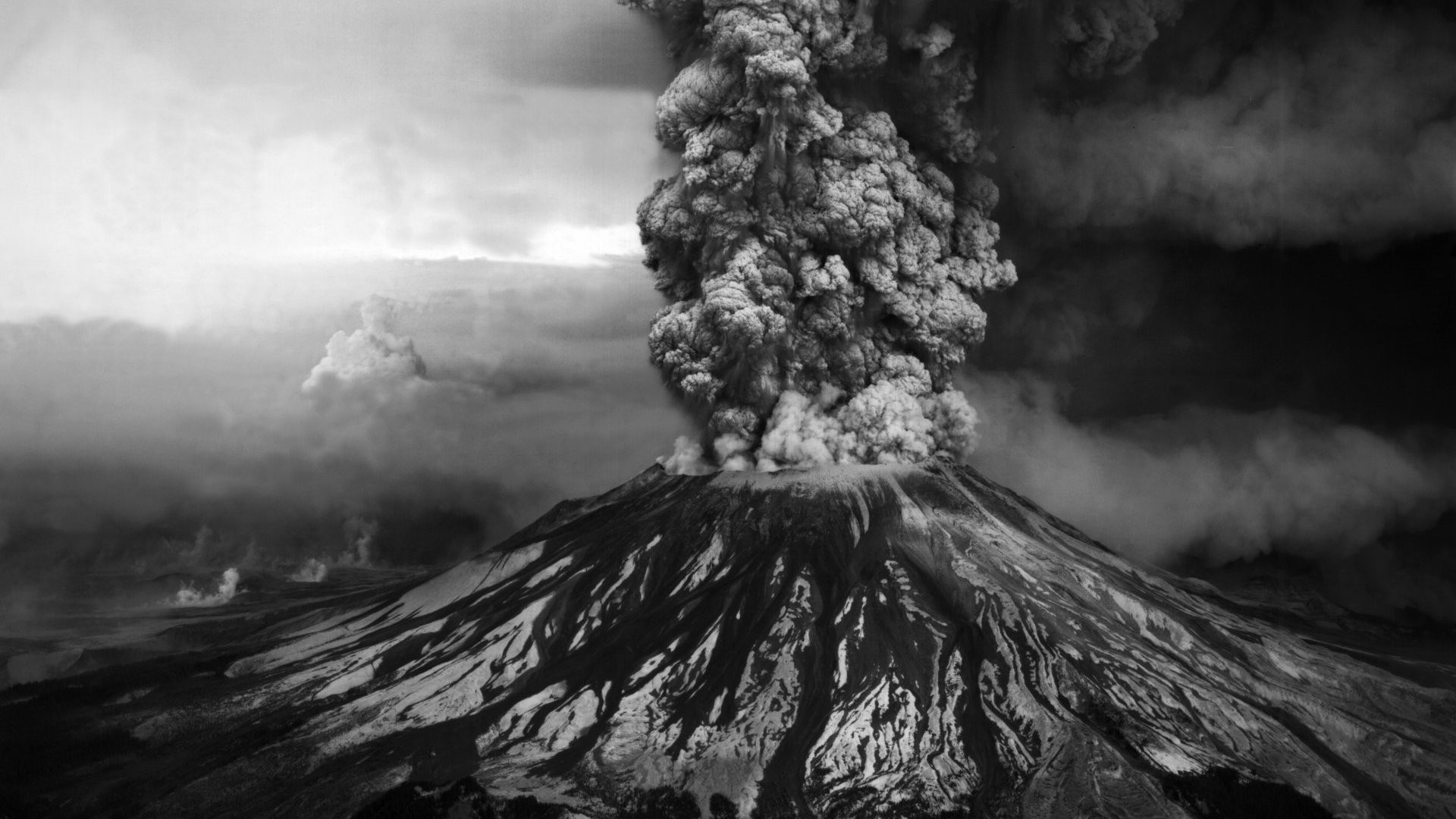 mountains, Volcanoes, Smoke, Monochrome, Eruption Wallpaper