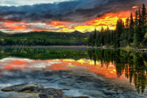 alberta, Canada, Lake, Sunset, Reflection, Forest, Bottom, Landscape