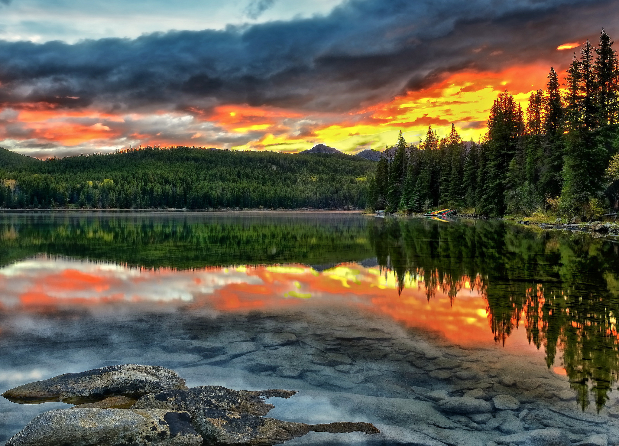 alberta, Canada, Lake, Sunset, Reflection, Forest, Bottom, Landscape Wallpaper