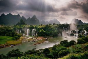 mountains, Waterfalls, People, Nature, Clouds