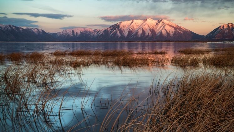 sunset, Mountains, Landscapes, Nature, Utah, Lakes, Snowy, Peaks HD Wallpaper Desktop Background