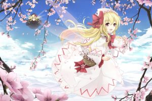 blondes, Video, Games, Clouds, Touhou, Wings, Cherry, Blossoms, Dress, Flying, Long, Hair, Spring, Fairies, Blossoms, Red, Eyes, Bows, Black, Dress, Open, Mouth, Baskets, Flower, Petals, Lily, White, White, Dres