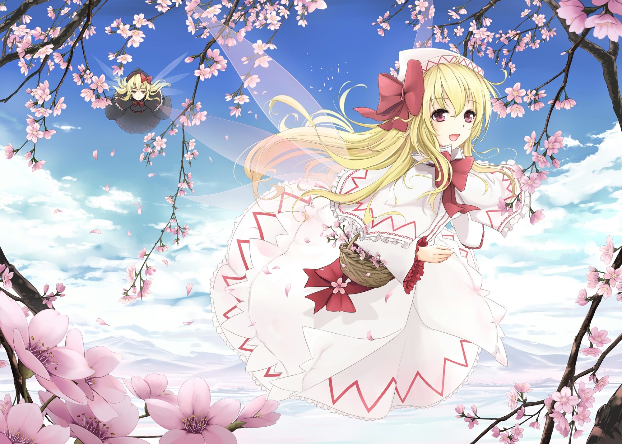 blondes, Video, Games, Clouds, Touhou, Wings, Cherry, Blossoms, Dress, Flying, Long, Hair, Spring, Fairies, Blossoms, Red, Eyes, Bows, Black, Dress, Open, Mouth, Baskets, Flower, Petals, Lily, White, White, Dres Wallpaper