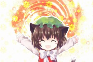 brunettes, Tails, Video, Games, Touhou, Flowers, Sparkles, Nekomimi, Animal, Ears, Short, Hair, Cat, Ears, Smiling, Blush, Bows, Open, Mouth, Fangs, Closed, Eyes, Chen, Cat, Tail, Hats, Children