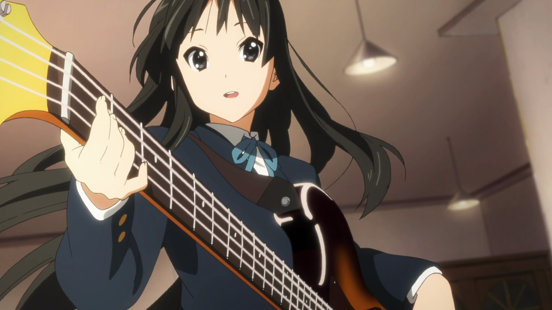 k on , Guitars, Akiyama, Mio, Smiling, Open, Mouth, Anime, Anime, Girls