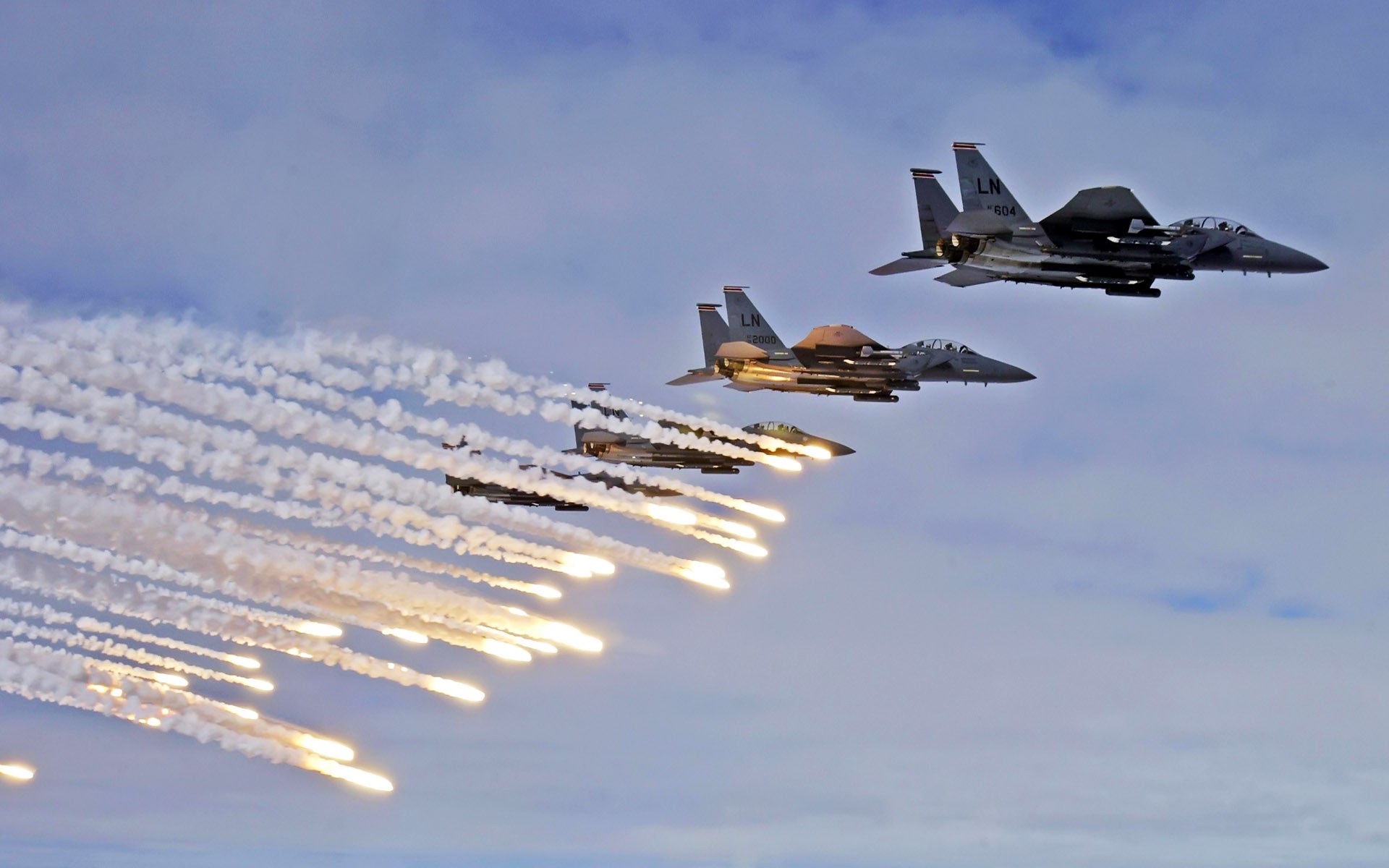 war, Airplanes, Flares, F 15, Eagle Wallpaper