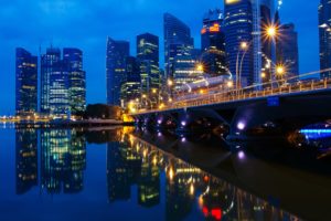 cityscapes, Dawn, Bridges, Singapore, Skyscrapers, City, Lights, Reflections