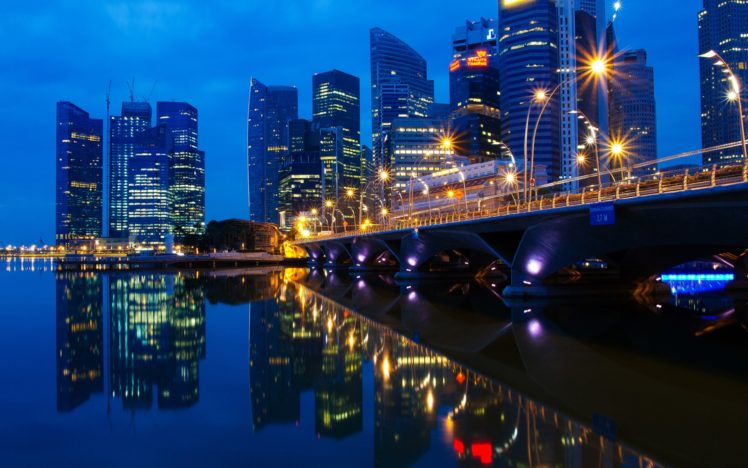 cityscapes, Dawn, Bridges, Singapore, Skyscrapers, City, Lights, Reflections HD Wallpaper Desktop Background