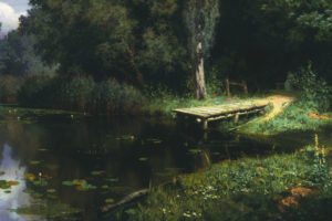 dock, Lake, Painting, Trees