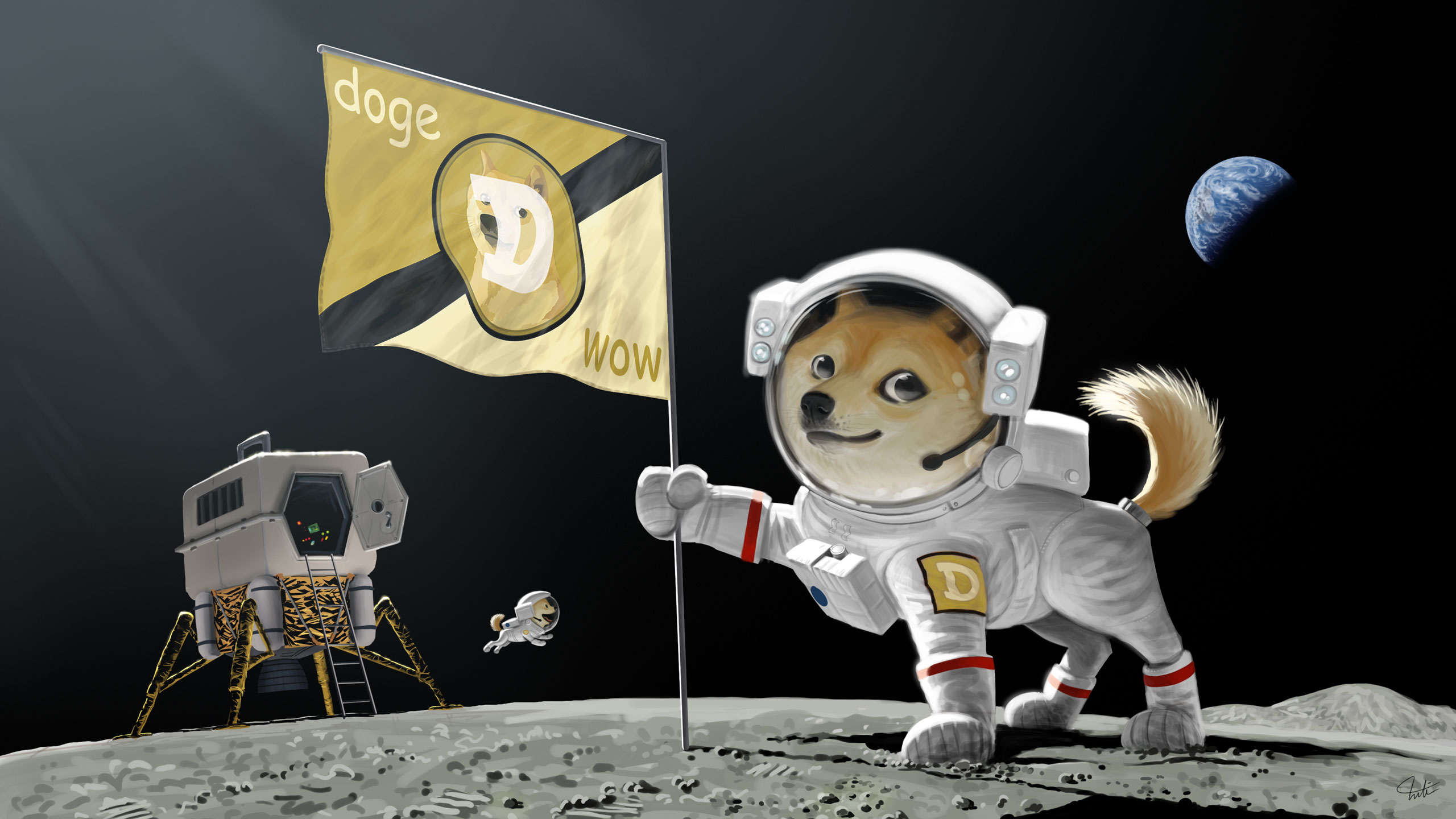 doge, Dog, Astronaut, Meme, Moon, Landing, Earth, Planet, Flag Wallpaper