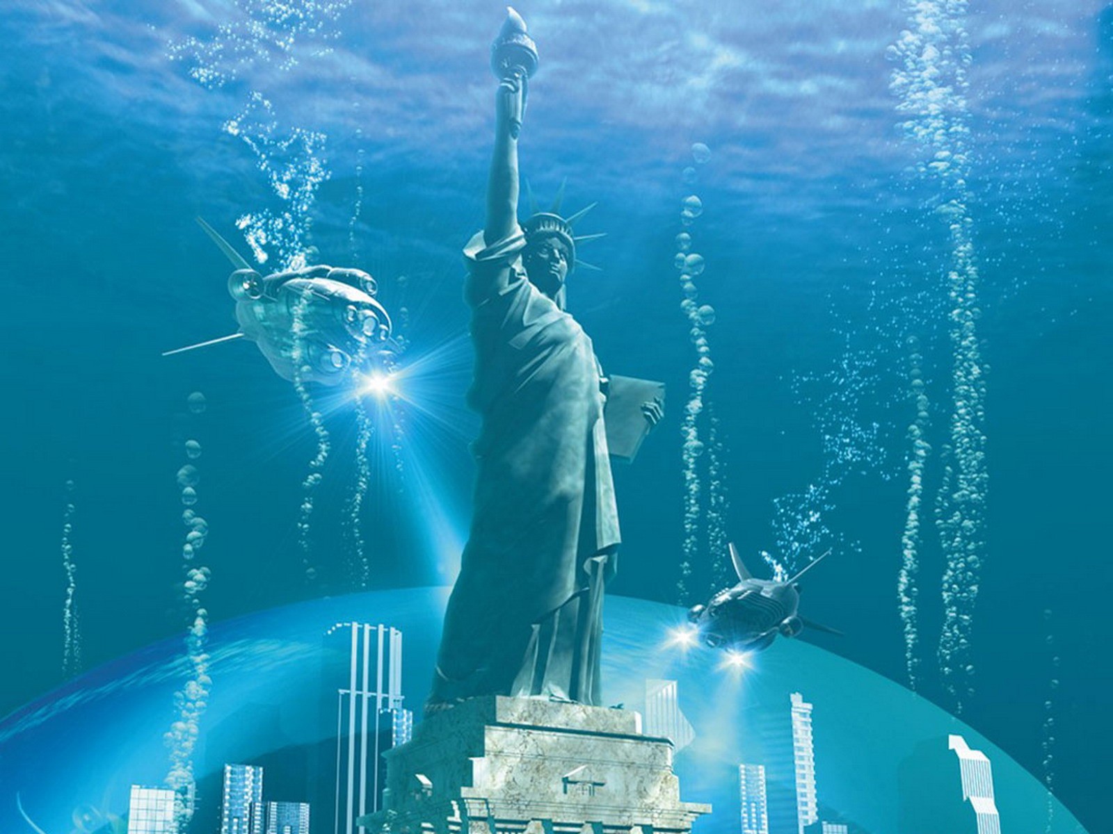 submarine, Statue, Of, Liberty, Underwater Wallpaper