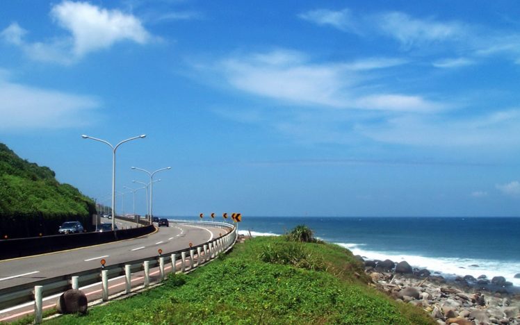clouds, Nature, Coast, Roads, Taiwan, Roadsigns, Skyscapes, Blue, Skies, Sea HD Wallpaper Desktop Background
