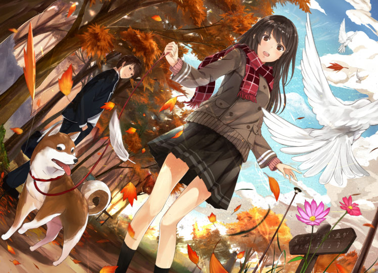 wagaya, No, Himegami sama , Animal, Autumn, Bird, Brown, Eyes, Brown, Hair, Dog, Feathers, Flowers, Kazabana, Fuuka, Leaves, Long, Hair, Original, Scarf, Short, Hair, Skirt, Tree HD Wallpaper Desktop Background