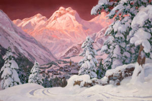 alois, Arnegger, , Winter, The, Alps, Snow, Sunset, Pink, Mountains, Tree, House, Painting