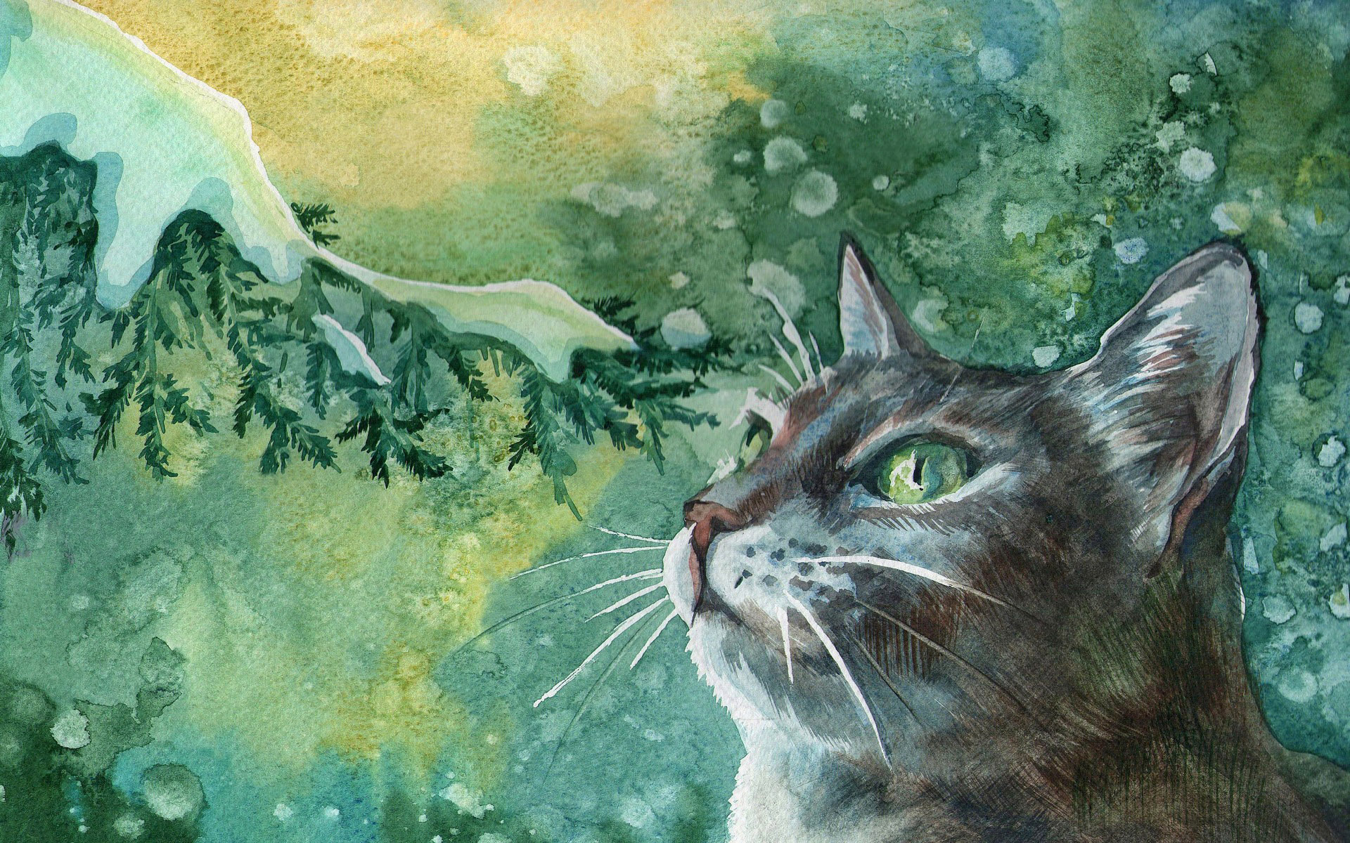 art, Painting, Winter, Cat, Tomcat, Green, Eyes, Mustache, Branch, Tree, Snow, Snowflakes, Miracle Wallpaper