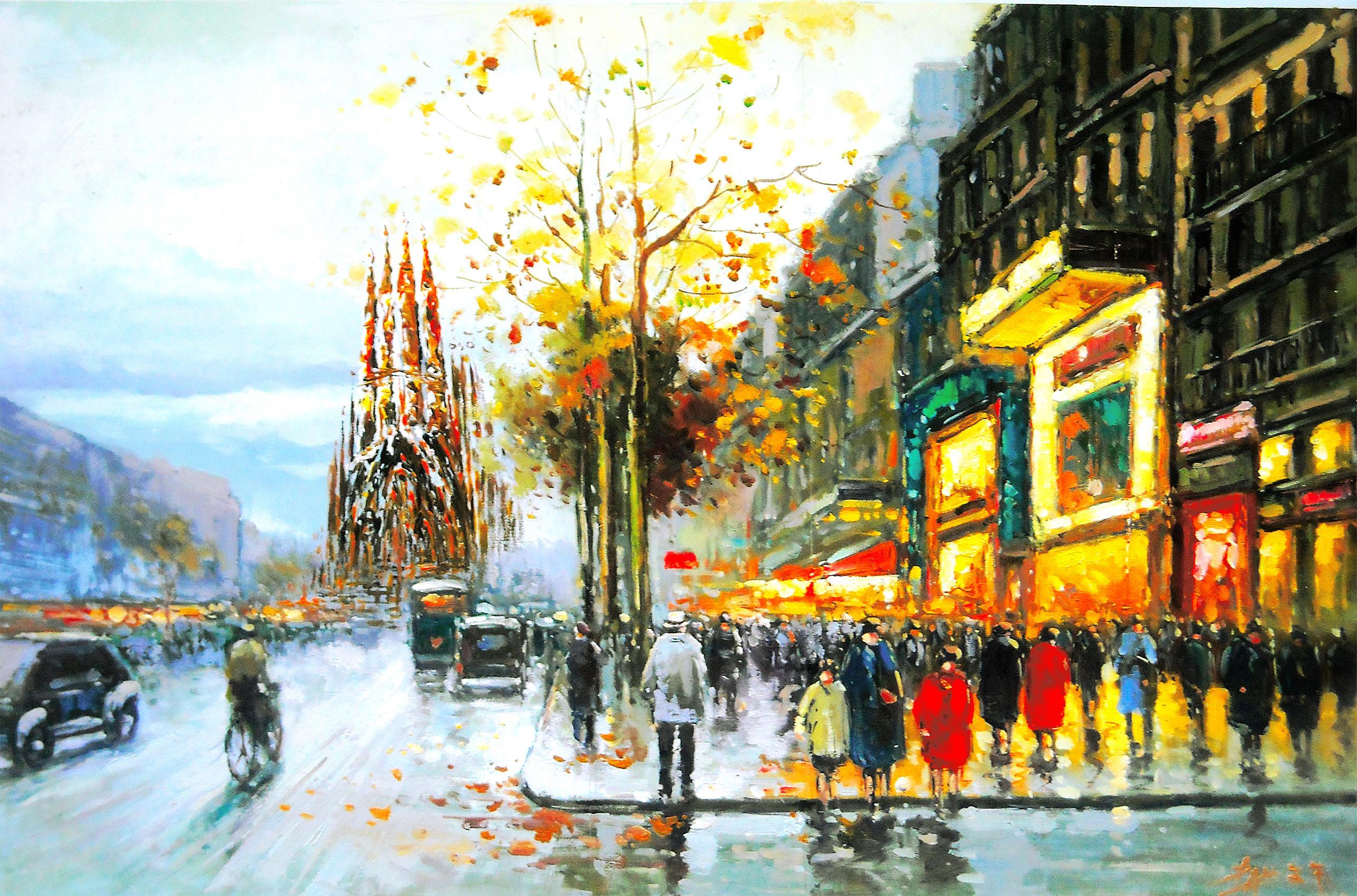 barcelona, Aeyaeygaudi, Cathedral, Views, People, Trees, City, Street, Rain, Autumn, Painting Wallpaper