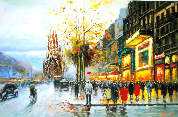 barcelona, Aeyaeygaudi, Cathedral, Views, People, Trees, City, Street, Rain, Autumn, Painting HD Wallpaper Desktop Background